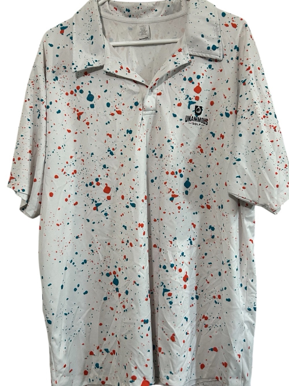 Men’s White Polo with Teal & Coral Paint-Splash
